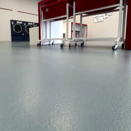Interno lavanderia moderna con carrelli rossi